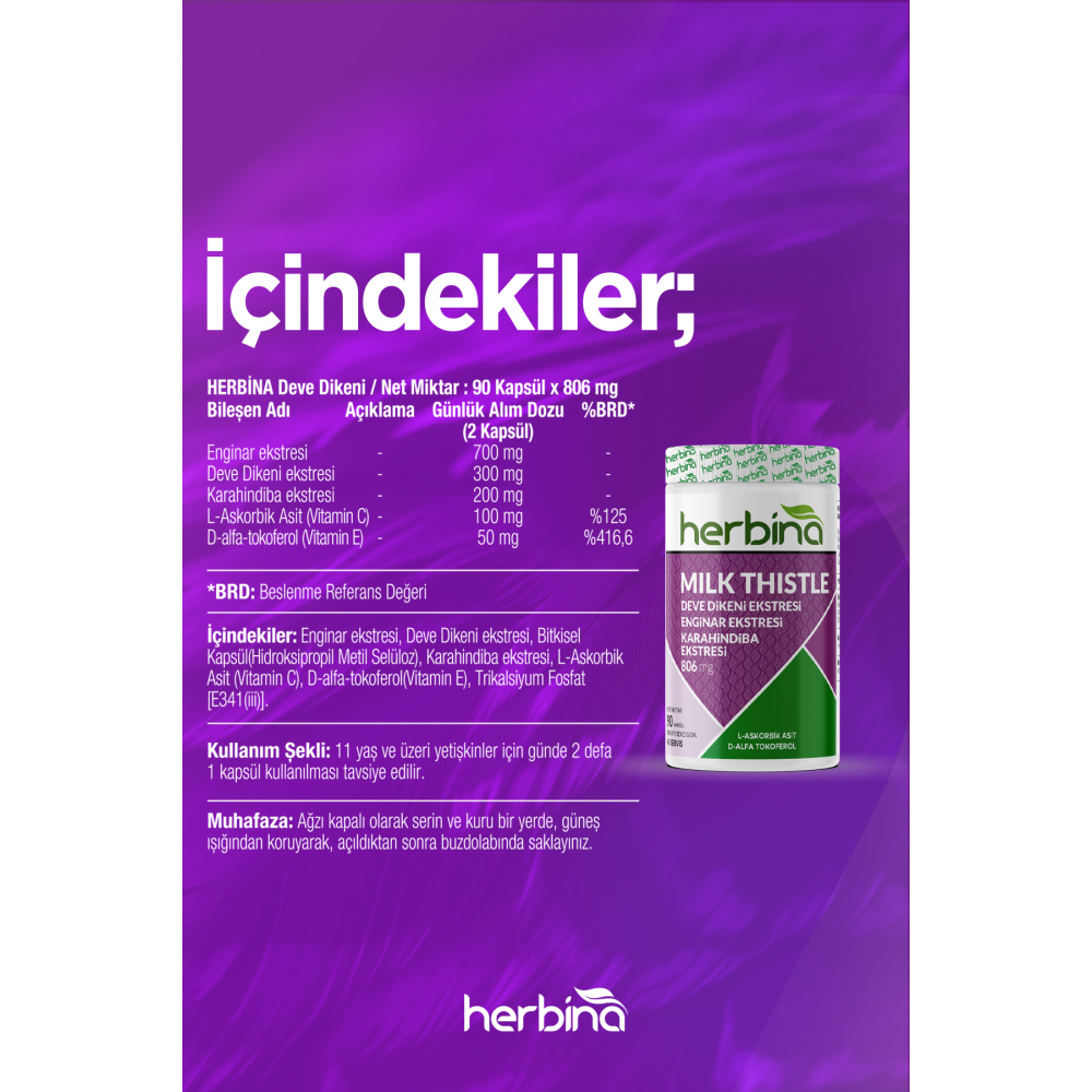 Herbina Milk Thistle Deve Dikeni Enginar Karahindiba Ekstresi 90 Kapsül